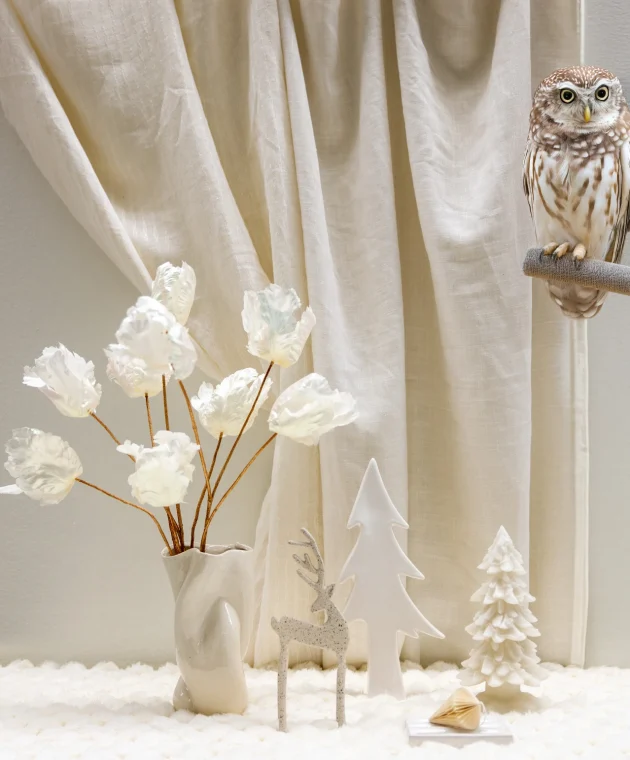 beige witte accessoires met uil voor winter bij TICA