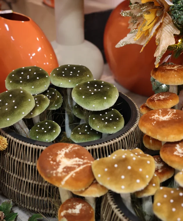 green and orange decorative mushrooms for the autumn season at TICA