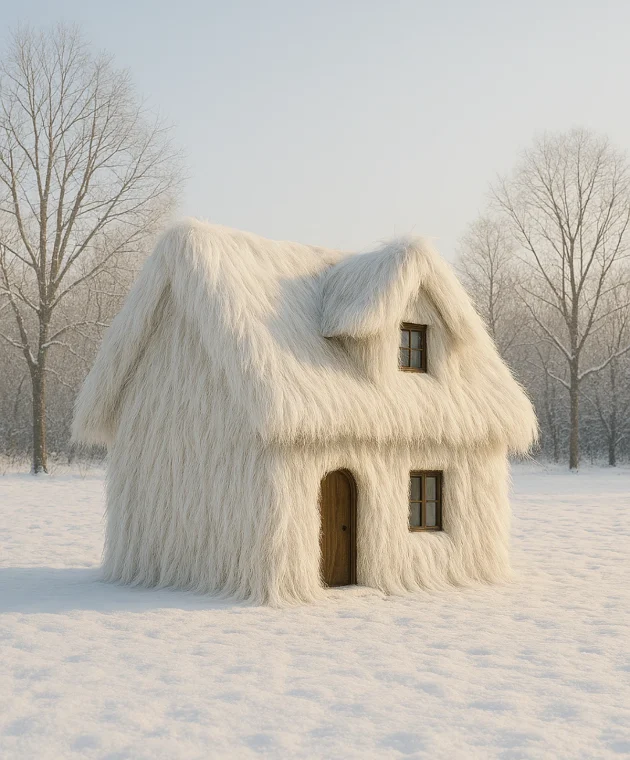 Sfeervol winterhuis met zachte witte texturen en natuurlijke uitstraling binnen de trendkleuren A/W 26/27.